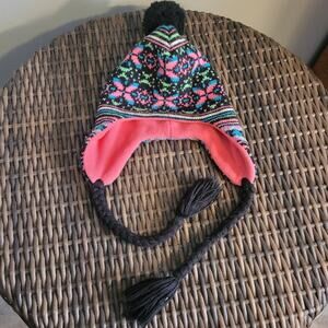 Justice Y2K Knit Trapper Hat Fleece Lined Fair Isle Pom Tassels Winter Beanie